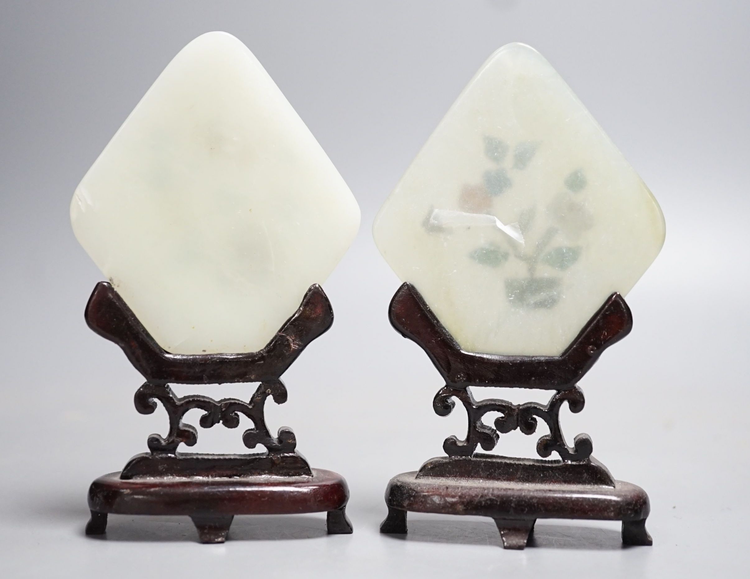 A pair of small bowenite jade and hardstone table screens 12cm